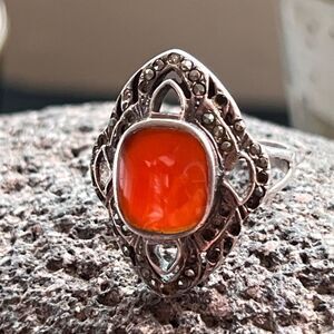 Antique Art Deco Carnelian with Marcasite Halo Sterling Silver Ring size 8.5